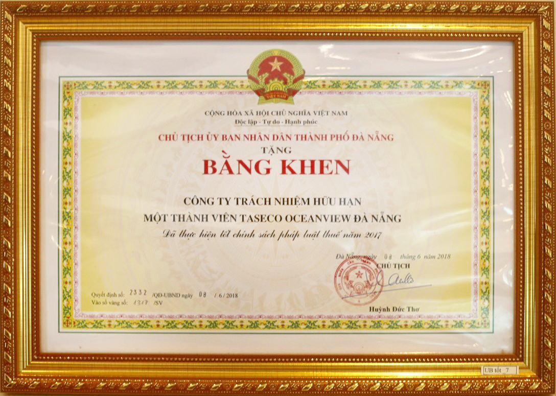 Taseco Ocean View Đà Nẵng nhận bằng khen của UBND thành phố Đà Nẵng