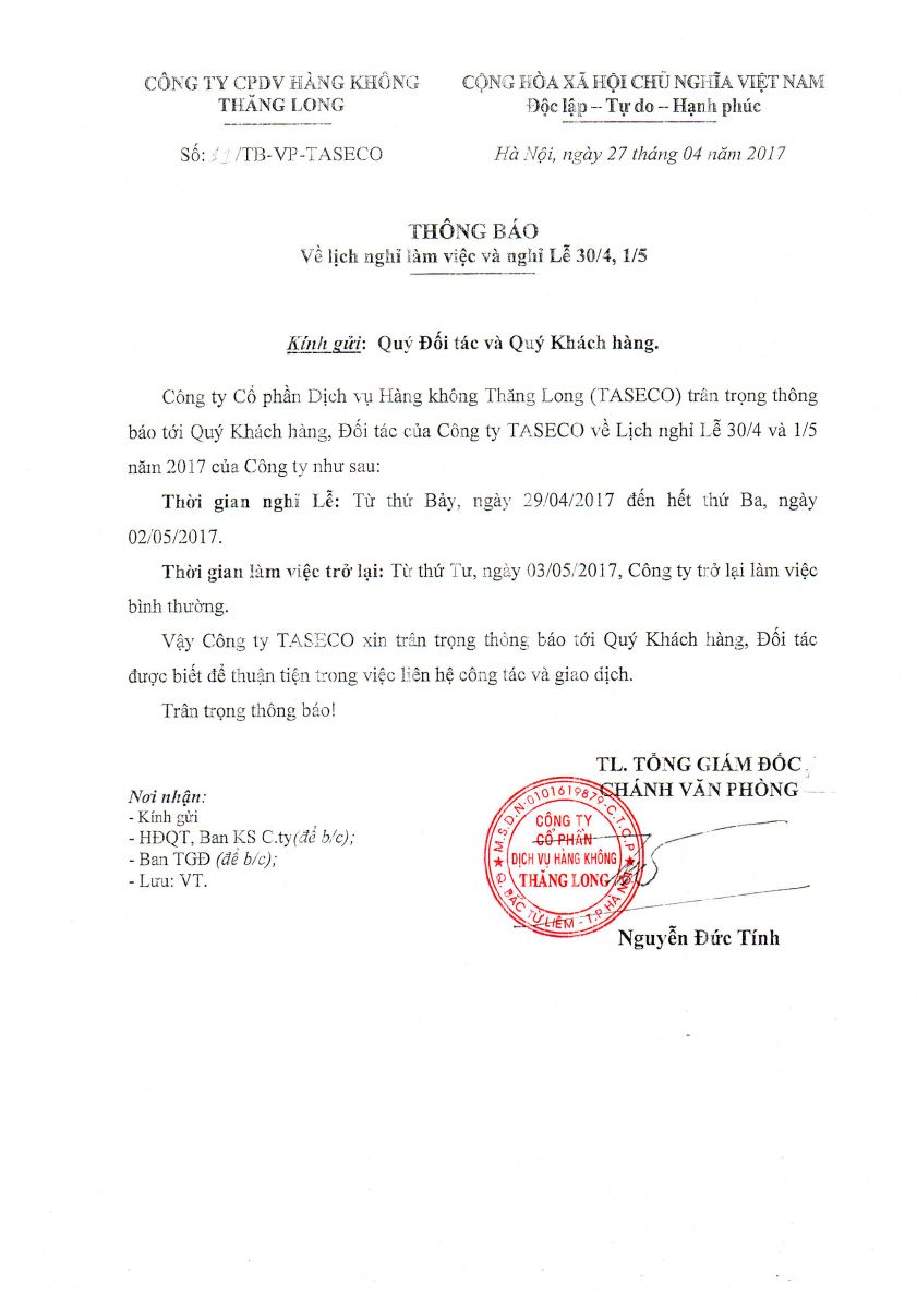 Thông báo nghỉ lễ 30/04 - 01/05/2017
