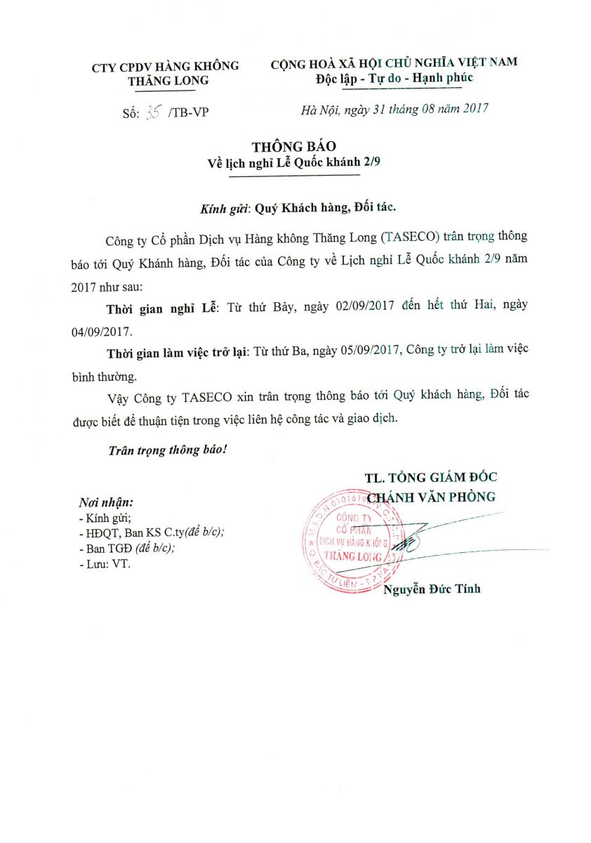 Thông báo lịch nghỉ lễ Quốc khánh 02/09/2017